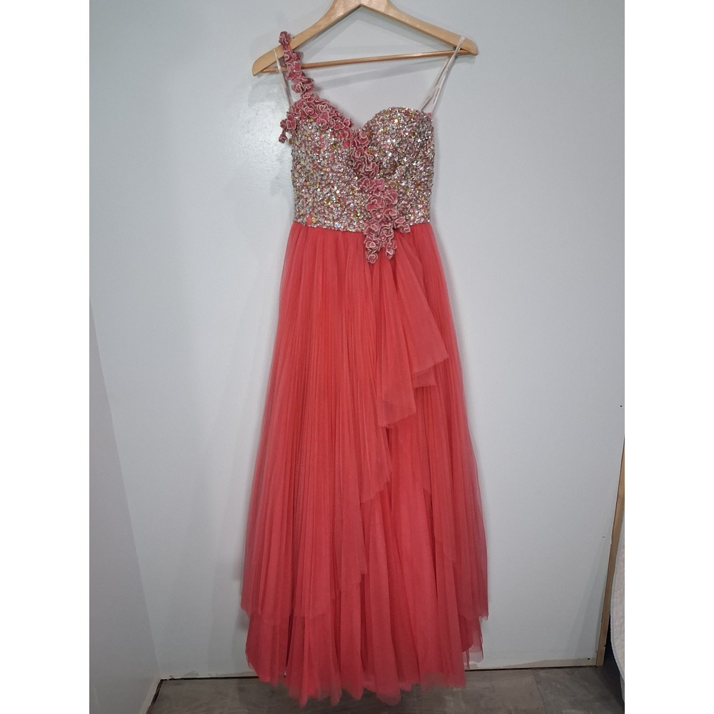 Sherri Hill Coral Pink Sequin One Shoulder Tulle Prom Gown 1012646 Womens 2